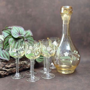 Vintage liqueur set | Bohemian glass 1950s/60s | Mouth-blown, hand-painted | Carafe & 6 glasses | Enamel decor, unique pieces