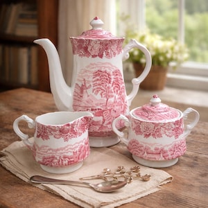 Vintage Kaffeeservice Rot Weiß "English Scenery" Woods & Sons England – Komplett-Set Kanne, Zucker, Milch – Cottagecore Deko 70er Ironstone