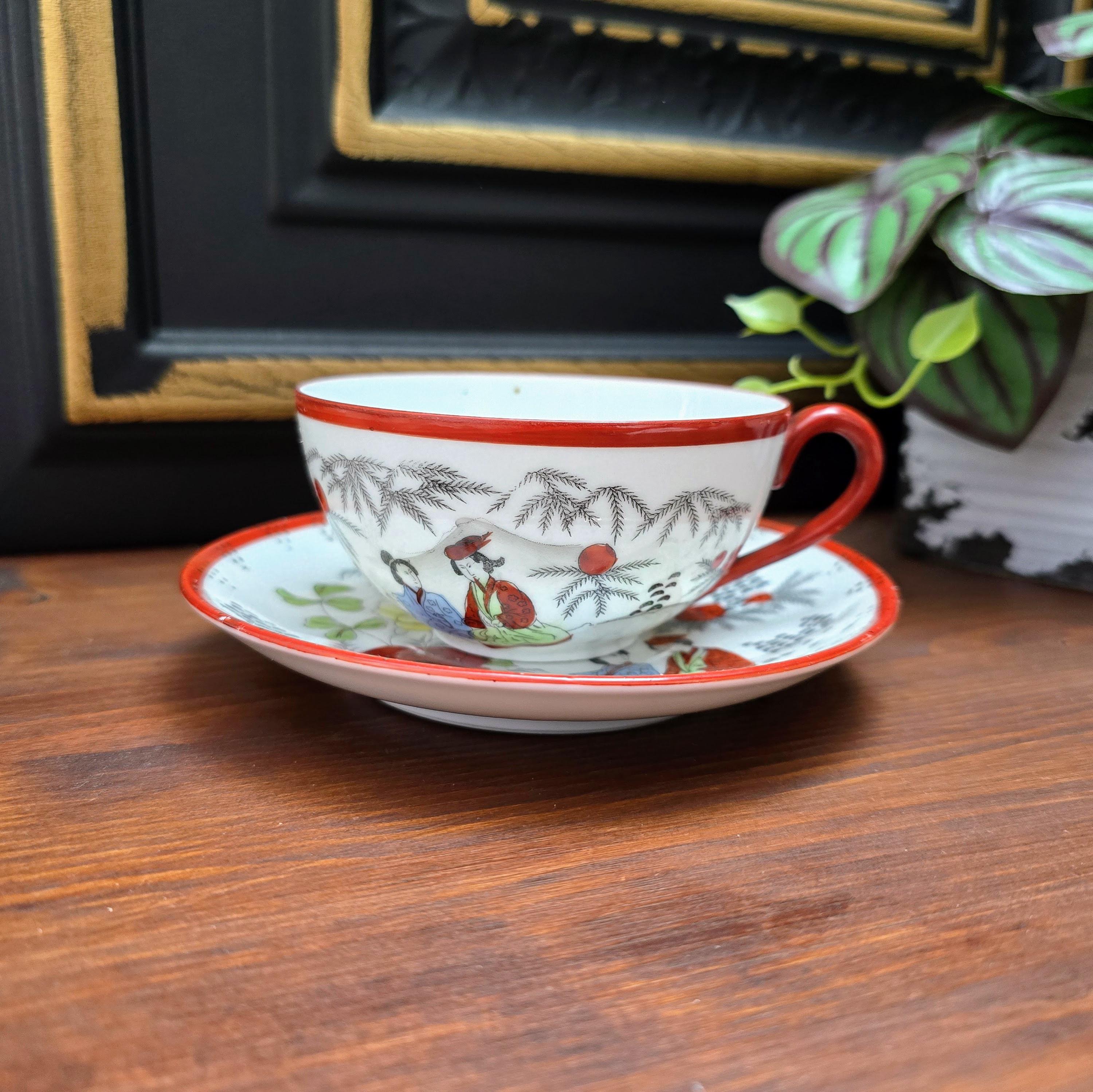 Teacup With Saucer Geisha Motif, Porcelain, From Japan 1950s