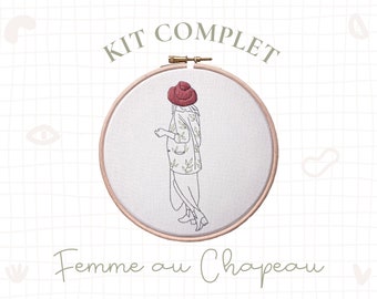 Kit de broderie - Femme au Chapeau - Débutant et intermédiaire - Matériel, livret et toile imprimée