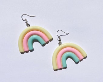 Silver Plated Pastel Rainbow Earrings Pale Yellow, Pink, Blue Resin Charm with Rainbow Detailing