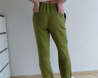 MIJA OLIVE color womens linen pants with elastic waistband, Japanese trousers, women black linen pants, summer trousers, tapered linen pants