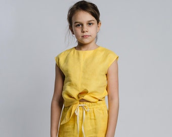 Yellow Sleeveless Linen Top For Girls, Summer Linen Shirt, Linen Girls Shirt, Casual Summer Top For Girls, Girls Clothing, Baby Girl Blouse