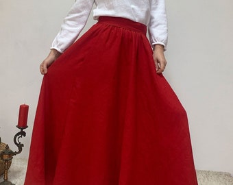 Christmas linen maxi skirt with obi belt and pockets, long flowy skirt, elastic waistband full skirt, flared skirt, wedding skirt