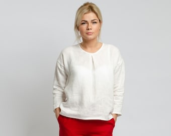 Blouse en lin à manches longues de couleur blanche pour femmes, chemise en lin, vêtements en lin faits à la main, chemisier en lin ample, chemisier haut en lin classique