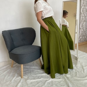 OLIVE-GREEN long linen skirt with inner pockets, long flowy skirt, elastic waistband full skirt, flared skirt, wedding skirt, women clothes
