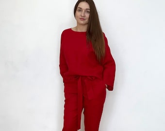 Haut à col rond et pantalon taille haute pour femme, costume en lin, ensemble deux pièces décontracté à manches longues, tunique rouge et pantalon à nouer, tenue d'été