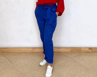 Elegant blue linen trousers with tie belt and inner pockets for women, Japanese trousers, high waisted pants, casual summer linen trousers