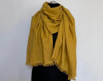 Ceylon Yellow linen scarf, pure linen shawl, unisex scarf, softened linen scarf, medium weight scarf, fringed linen scarf