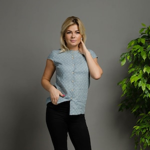 Natural linen short sleeve shirt with wooden buttons for women OLIVIA, elegant linen shirt, summer linen blouse, official outfit, casual top