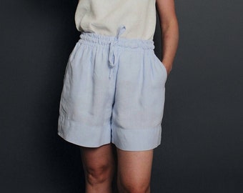 Wide linen shorts, summer relax fit shorts, loose linen shorts, shorts with elastic waistband and pockets, linen shorts in blue