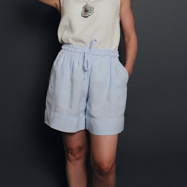 Wide linen shorts, summer relax fit shorts, loose linen shorts, shorts with elastic waistband and pockets, linen shorts in blue