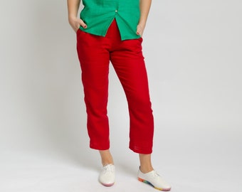 High waist linen red trousers for women with side pockets Cora, Japanese pants, cropped pants, capris, linen clothing, classic linen pants