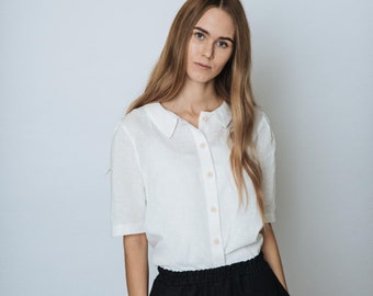 Chemise en lin blanc pour femme MIA, chemisier en lin d'été, chemise en lin modeste pour femme, chemisier en lin femme, chemise en lin décontractée, t-shirt femme