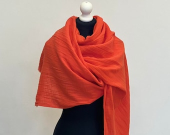 Bright Coral Muslin Scarf: Organic Cotton Wide Wrap