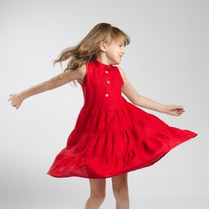 Red Linen Sleeveless Puffy Ruffles Dress For Girl, Christmas Dress, Birthday Dress, Children Clothing, Gift for daughter, loose fit dress image 1