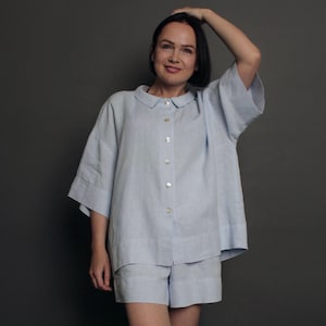 Oversized Linen Shirt with collar, Loose Linen Shirt With Buttons, Classic Linen Blouse, Casual Woman Shirt, Medium Sleeves Linen Shirt