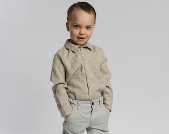 Linen long sleeves natural colour shirt with natural wooden buttons for boy, toddler linen boy shirt, birthday shirt, Christmas shirt boy