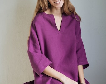 Damestuniek, linnen jurk voor dames, plus size linnen tuniek, linnen tuniek met lange mouwen, handgemaakte tuniek, linnen tuniek voor dames, shirt met V-hals