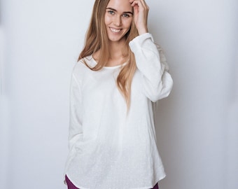 White linen long sleeve blouse, loose linen tunic, wide linen shirt