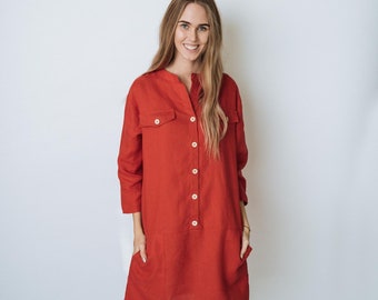 ALMA Red linen shirt-dress for women with pockets, loose linen shirt dress with buttons, oversized linen dress, handmade linen clothing