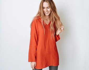 Linnen rode tuniekjurk voor dames VIVIAN, plus size kleding, losse mouwen tuniek, linnen shirt dames, blouse, linnen top, casual zomertuniek