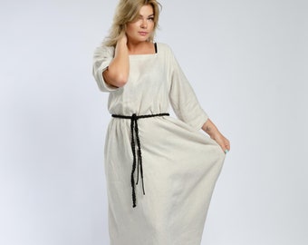 Robe longue en lin de couleur naturelle avec manches 3/4 pour femme, robe trapèze en lin, robe d'été en lin, robe longue en lin, vêtements pour femmes, lin