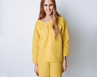 EVA Loose style long sleeve yellow colour linen tunic for women, long linen shirt, long linen blouse, long sleeve linen top