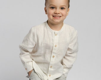 Chemise blanche à manches longues en lin avec boutons naturels pour garçons, chemise en lin pour tout-petits, chemise pour enfants du premier anniversaire, chemise en lin d’été pour garçons