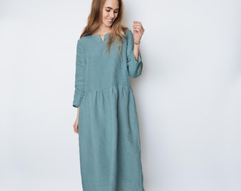 Long sleeve linen swing dress, militaristic linen dress, maxi linen dress, long tunic, long sleeves linen tunic