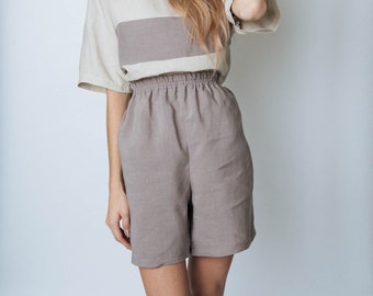 Lässige graue Farbe Frauen Shorts mit elastischen Bund ANNA, Sommer Leinen Shorts, Frauen Kleidung, Plus Größe Shorts, Vintage Kleidung, Leinen