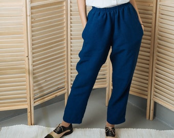 Linen pants with elastic waistband and inner pockets for women CORA, Japanese trousers, blue linen pants, casual summer trousers, linen