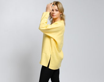 Yellow linen tunic for women VIVIAN, oversized linen tunic dress in V-neck, casual shirt, modest blouse, everyday tunic, women linen clothes