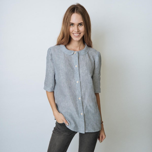 Chemise en lin pour femme MIA, chemisier en lin, vêtements pour femmes, tenue officielle, chemise en lin élégante, haut de tous les jours, chemise rayée, chemise modeste