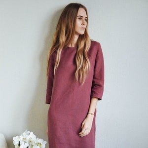 Linen marsala colour medium sleeves dress with side pockets ALYCE, soft linen dress, daily dress, medium linen dress, elegant women clothing