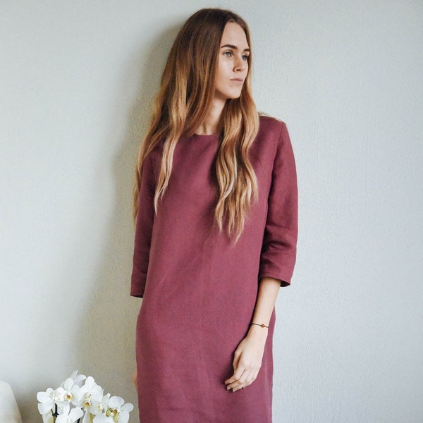 Linen marsala colour medium sleeves dress with side pockets ALYCE, soft linen dress, daily dress, medium linen dress, elegant women clothing