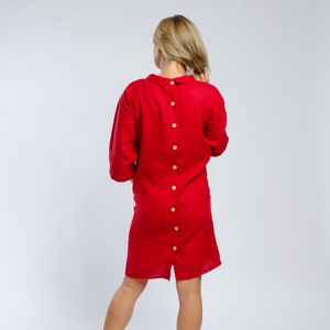 Elegant red button back shift dress and patch pockets, 3/4 sleeves shirt dress, Christmas dress, knee length dress, official outfit image 2