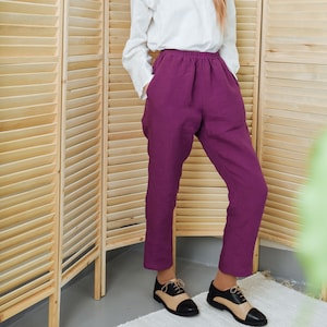 Linen pants with elastic waistband and inner pockets for women CORA, Japanese trousers, every day pants, classic trousers, linen clothing image 1