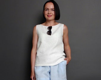 White Linen Tank Top: Sleeveless Summer Camisole