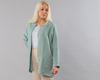 Mint colour elegant wrap linen jacket with belt and pockets, linen blazer, linen jacket with long sleeves, linen cardigan, women clothing