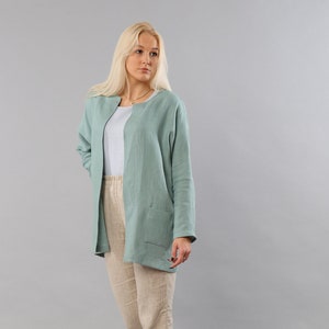 Mint colour elegant wrap linen jacket with belt and pockets, linen blazer, linen jacket with long sleeves, linen cardigan, women clothing