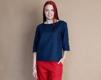 DEEP BLUE Linen Top for Women / Linen Blouse / Handmade Linen Clothing / Plus Size Linen Shirt / Simple Linen Tunic / Organic Linen Top