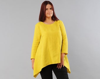 Tunique de couleur jaune en lin à manches longues pour femme, chemisier asymétrique, chemise longue en lin évasé, tunique en lin ample, haut de tunique d'automne fait à la main