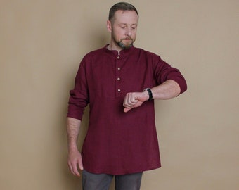 Marsala mens long sleeve linen shirt, classic shirt with buttons, collarless shirt men, wedding shirt, linen clothing for men, linen tunic