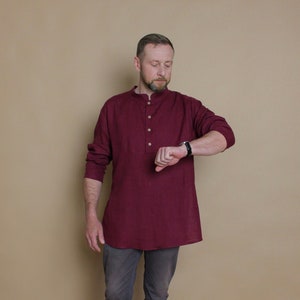 Marsala mens long sleeve linen shirt, classic shirt with buttons, collarless shirt men, wedding shirt, linen clothing for men, linen tunic