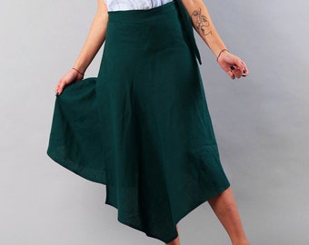 Long GREEN linen wrap skirt AFINA. Maxi skirt, circle skirt, linen skirts, maxi linen skirt, asymmetric skirt, summer linen skirt for women