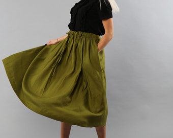 Olive green pleated swing linen skirt for women with pockets, casual flared skirt, loose linen midi skirt, oversize skirt, wide full skirt