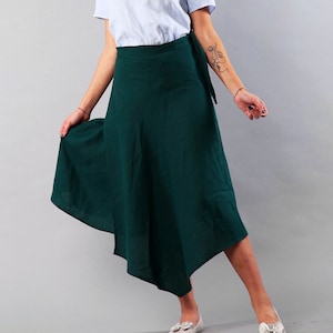 Lange GROENE linnen wikkelrok AFINA. Maxi rok, cirkel rok, linnen rokken, maxi linnen rok, asymmetrische rok, zomer linnen rok voor vrouwen