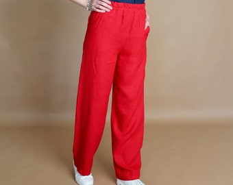 ROTE Leinenhose mit hoher Taille, bequeme Oversized Hose, Damen Leinenhose, lässige Leinenhose, Elastische Hose, Baggy Hose