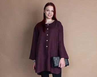 Linen Dark Plum Tunic Dress for women ARIEL, oversized tunic, plus size tunic, linen tunics, linen dress with sleeves, natural linen dress